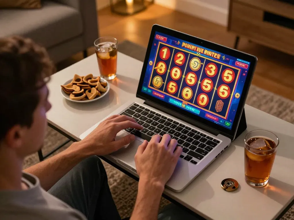 Engaging player spinning reels on online situs slot platform in a cozy home setting.