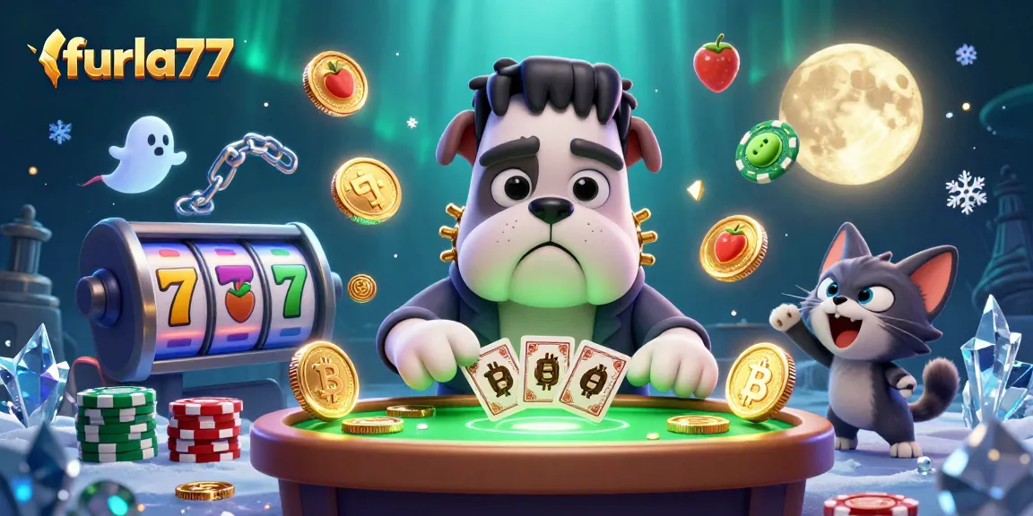 Experience high-stakes excitement with furla77 at a vibrant slot table featuring unique characters and glowing crypto coins.