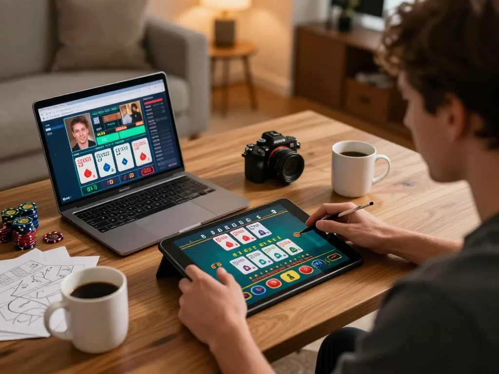 Player strategizing with 388bet during an online casino session at home, showcasing tablet gameplay and notes.