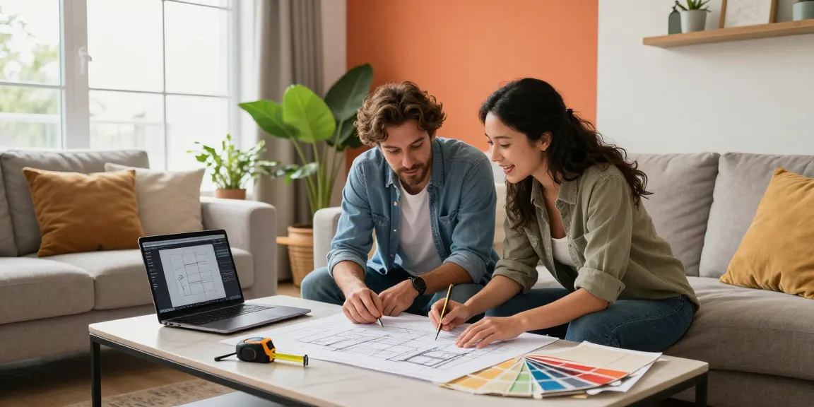 Couple discussing home renovations, read more here about stylish living room transformations.