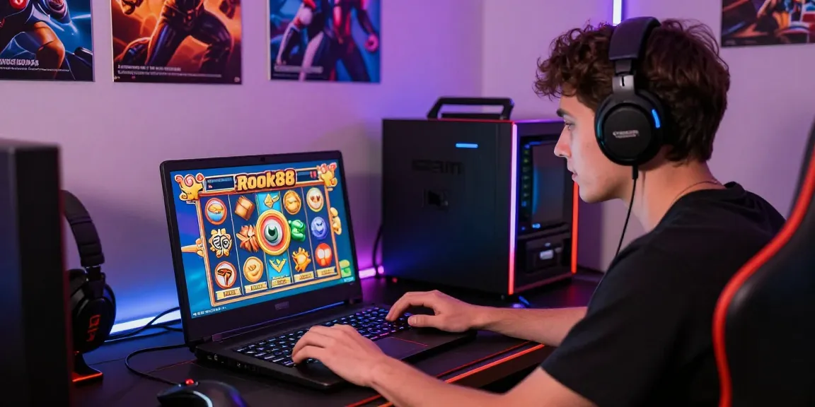Engaging gameplay of rokok88 slot on a laptop in a vibrant gaming environment.