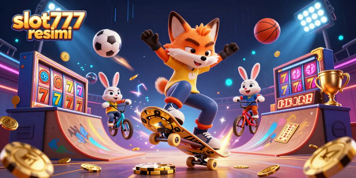 Playing thrilling slot777 resmi games, a skateboarder fox and BMX rabbit showcase excitement amidst vibrant casino elements.