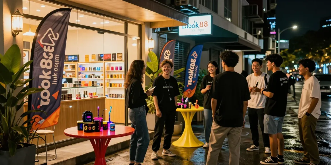 Social gathering outside smoke shop showcasing rokok88 link login and trendy accessories.