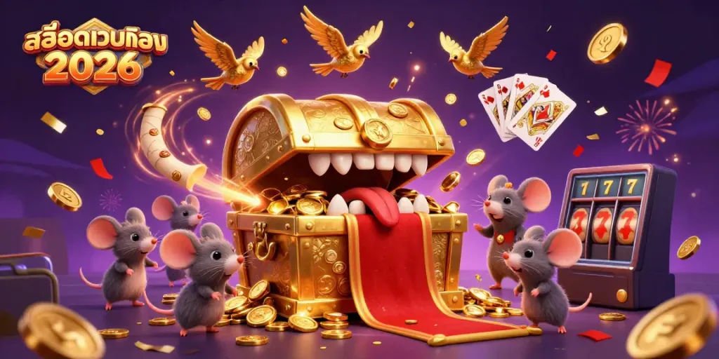 Experience the thrill of สล็อตเว็บตรง 2026 with treasure-themed characters surrounded by dynamic casino elements.
