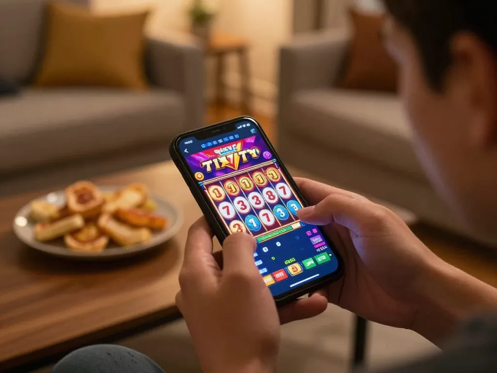 Player enjoying dynamic slot777 gaming on a smartphone in a cozy home, highlighting fun and strategy