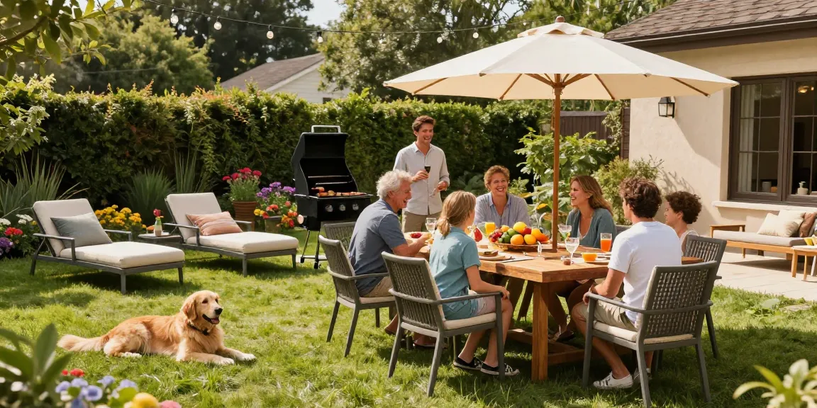 Outdoor patio furniture around a vibrant dining set, perfect for summer gatherings.