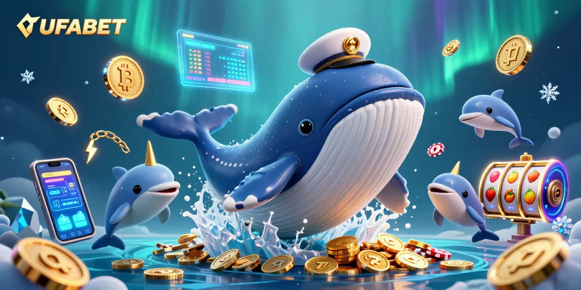 Bet on UFABET with a vibrant 3D casino scene showcasing a cartoon whale and playful dolphins, celebrating exciting games.