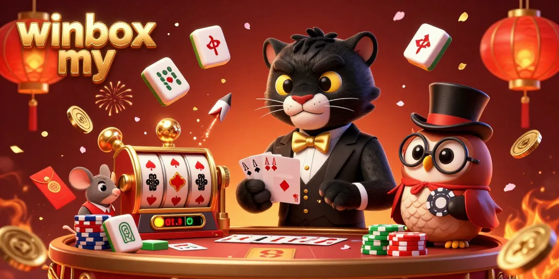 Engage with winbox my in this vibrant casino scene featuring a tuxedo-clad panther dealing cards amidst lively game elements.