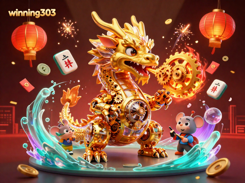 Winning303 showcases a golden dragon and mouse engineer surrounded by vibrant casino elements, bringing excitement to players.