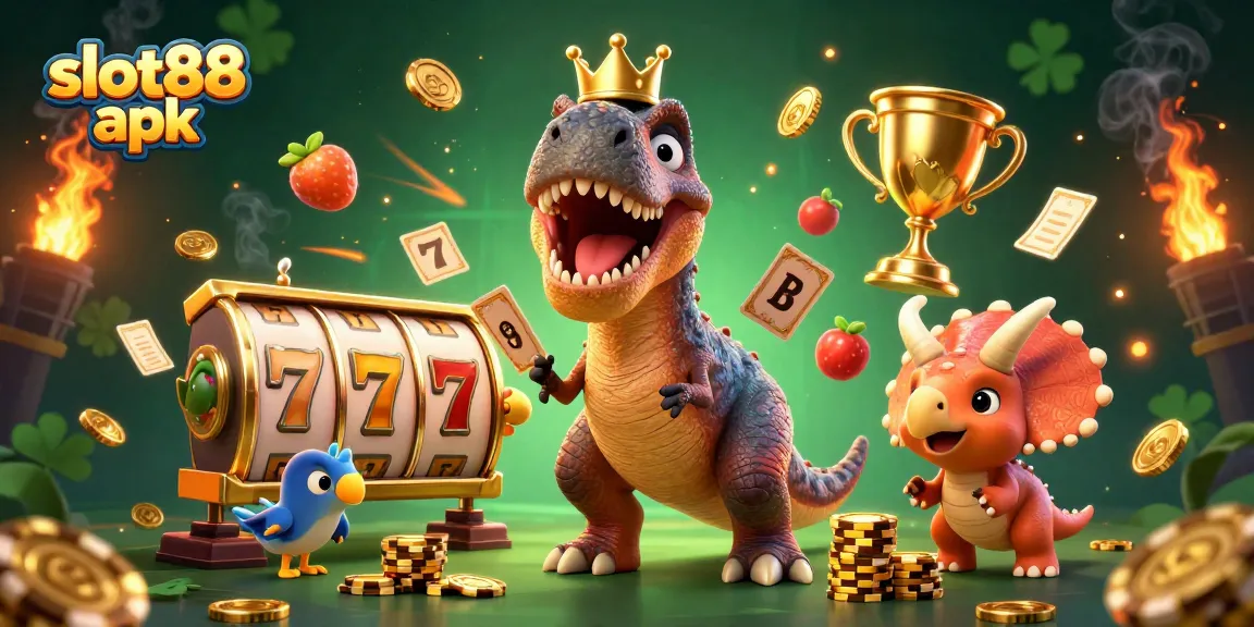 Engage with thrilling gameplay in Slot88 apk's vibrant 3D cartoon world featuring T-Rex and Pterodactyl.