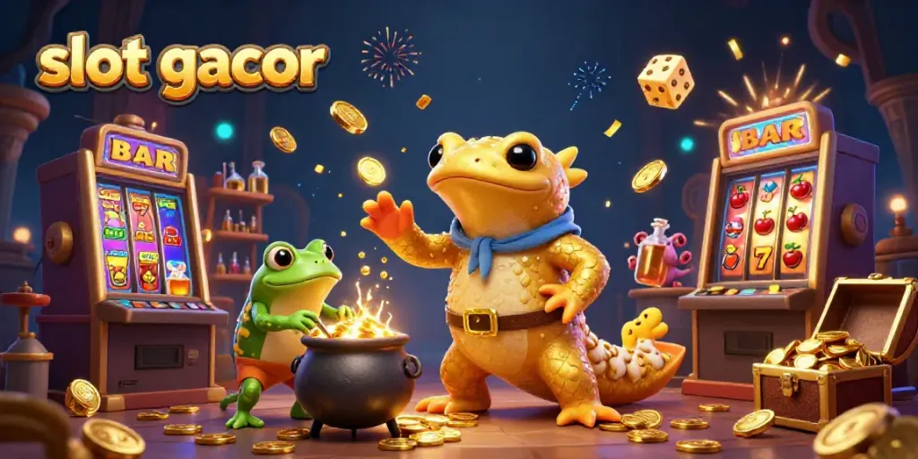 Experience slot gacor with a vibrant scene of alchemists and jackpots exploding with coins and symbols.