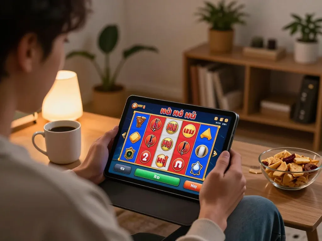 Engaging in a game nổ hũ on a tablet in a cozy living room setting with snacks.