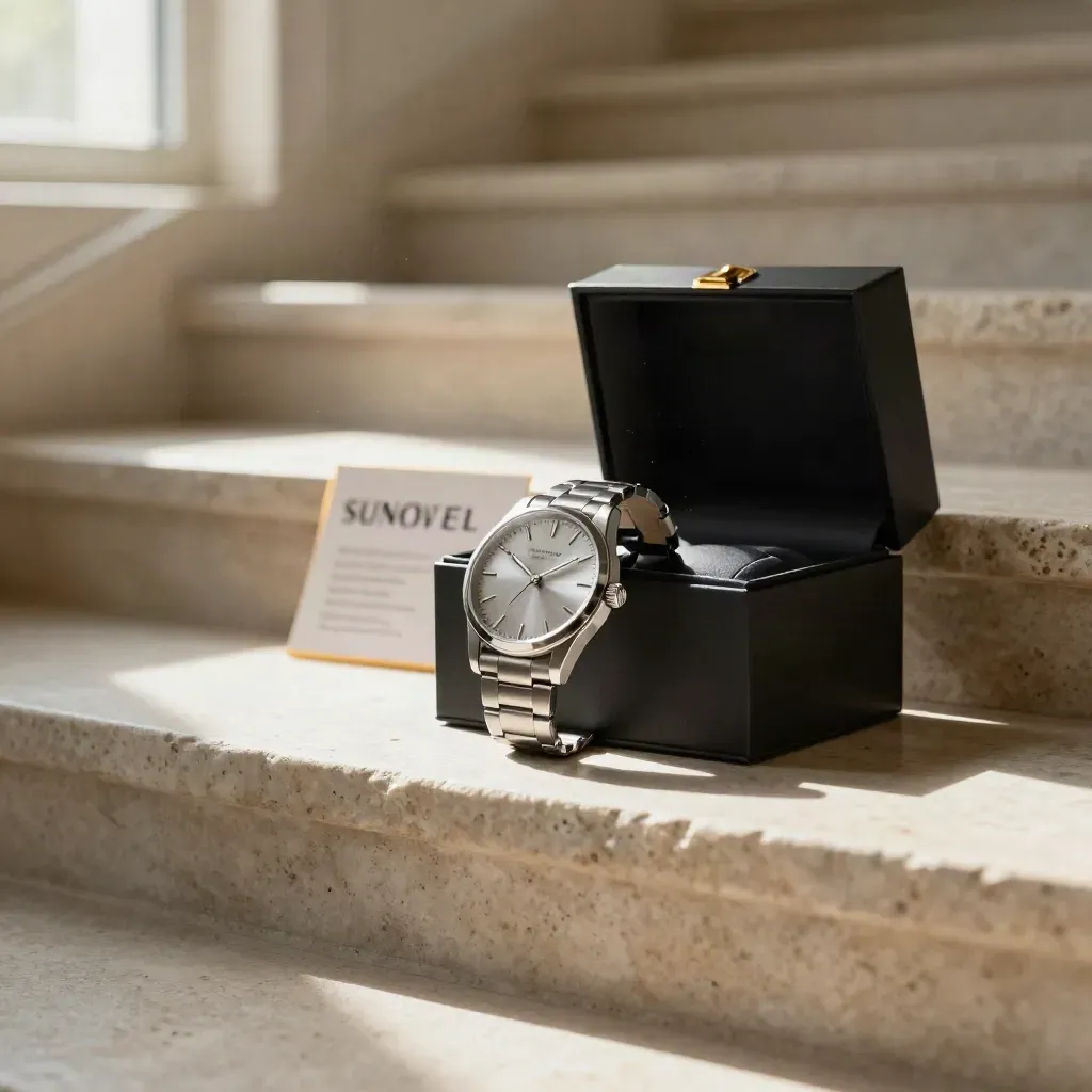 Steel watch, strap roll, and open gift box on sunlit limestone steps with warm gold accents