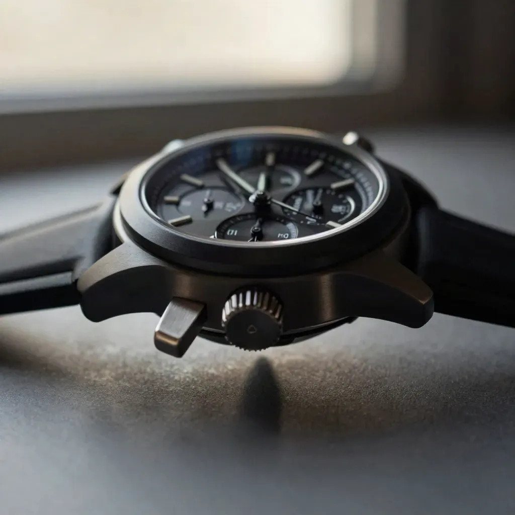 Matte black chronograph watch macro with brushed steel support on a graphite sweep.