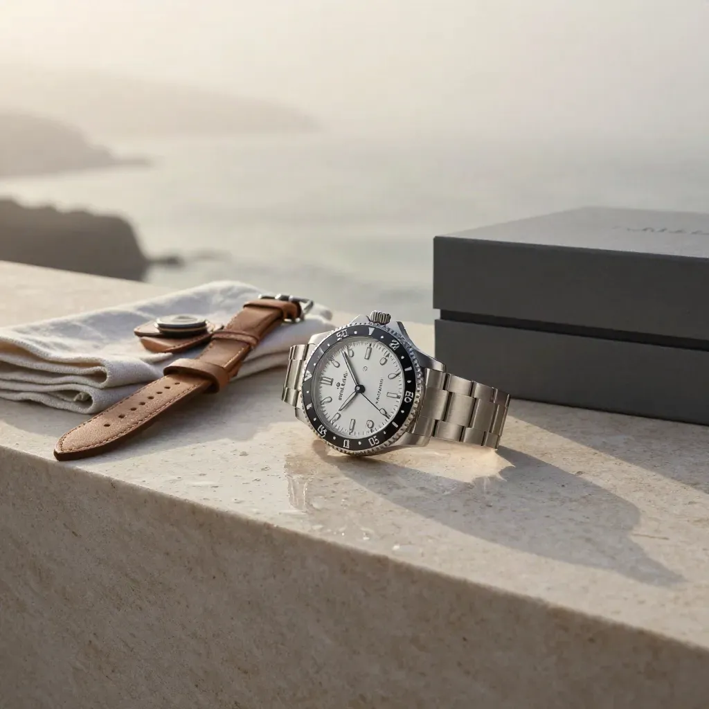 Mariner GMT watch on limestone ledge with strap, pouch, box and cloth in sea fog.