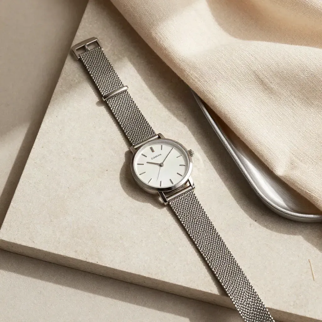 Top-down flatlay of a mesh women's watch on ivory fabric with a brushed tray.