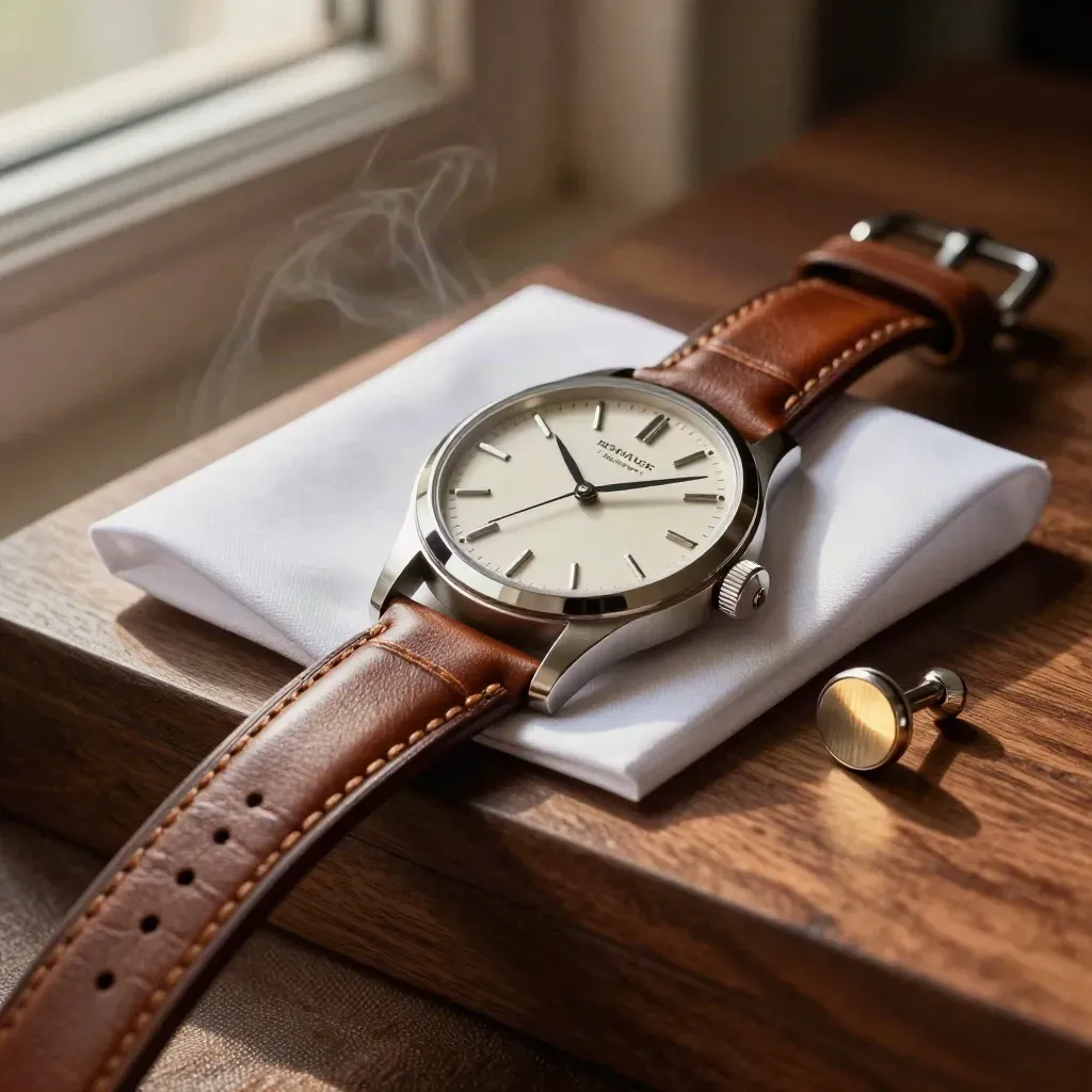 Macro of a brown leather-strap dress watch beside a white cuff and gold cufflink on walnut.