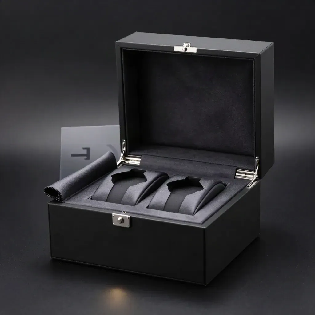 Open black duo watch gift box with cloth insert and two watches inside on a dark studio surface.