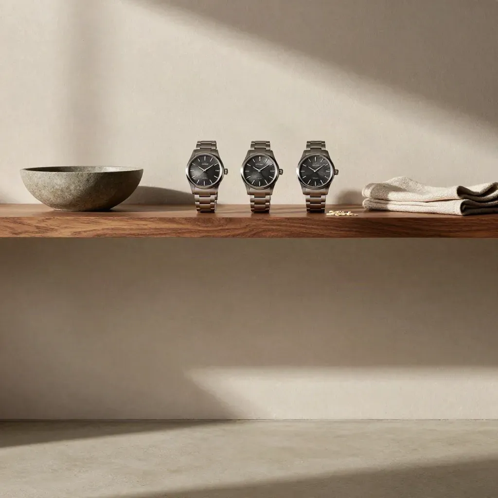 Three steel men's watches on a walnut shelf with a stone bowl in soft morning light.