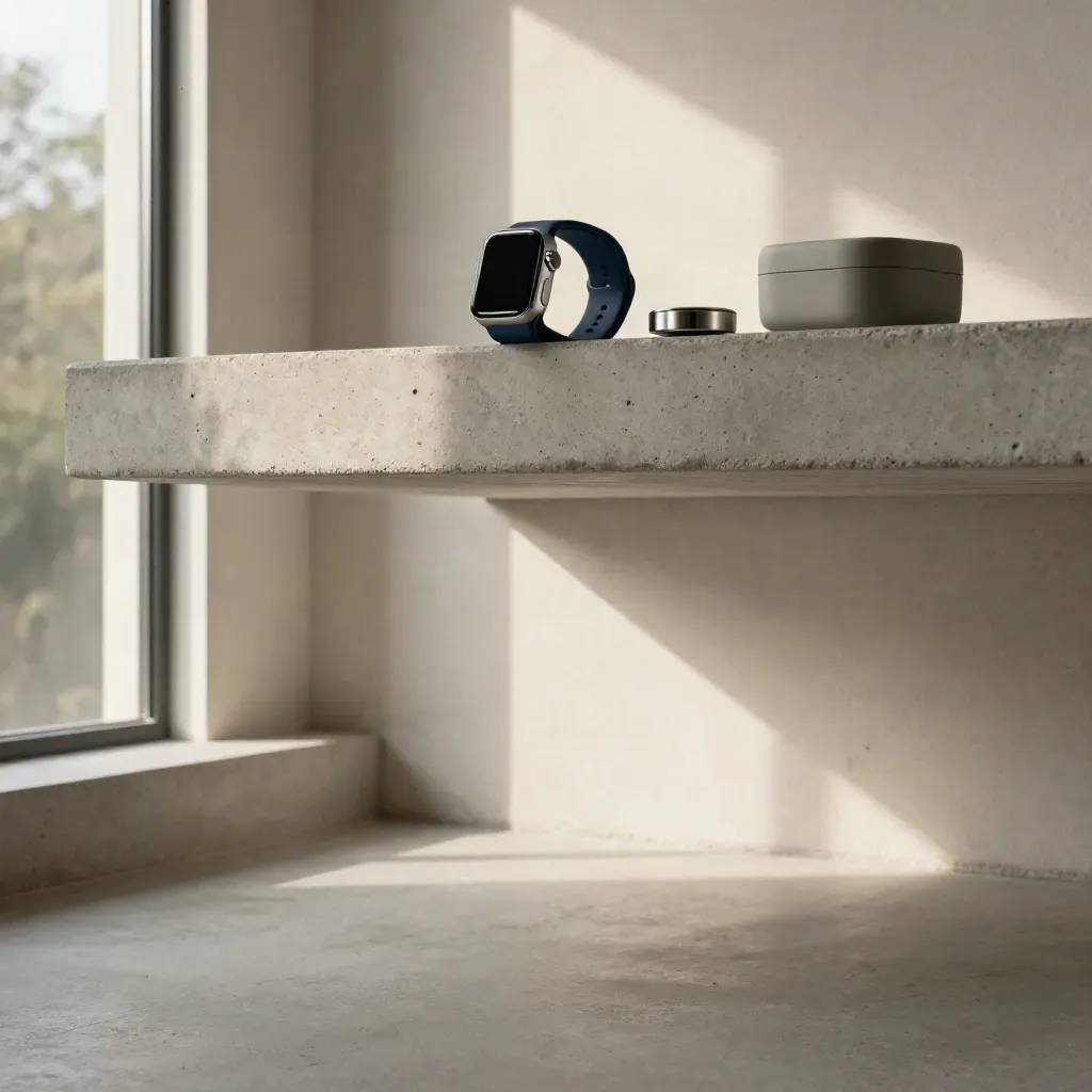 Smartwatch and navy sport band on a sunlit concrete stair landing with calm copy space.