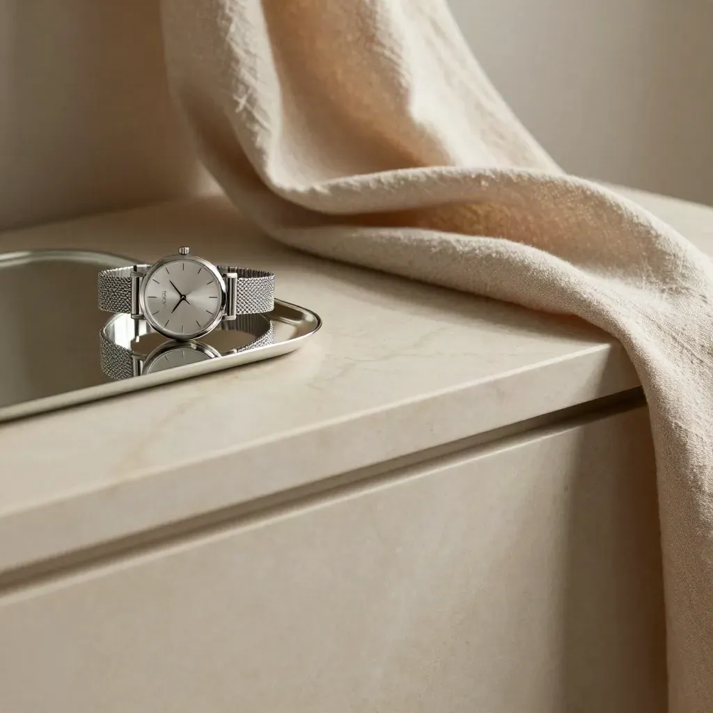 Mesh watch on marble with mirrored tray and linen drape, soft daylight, ample copy space