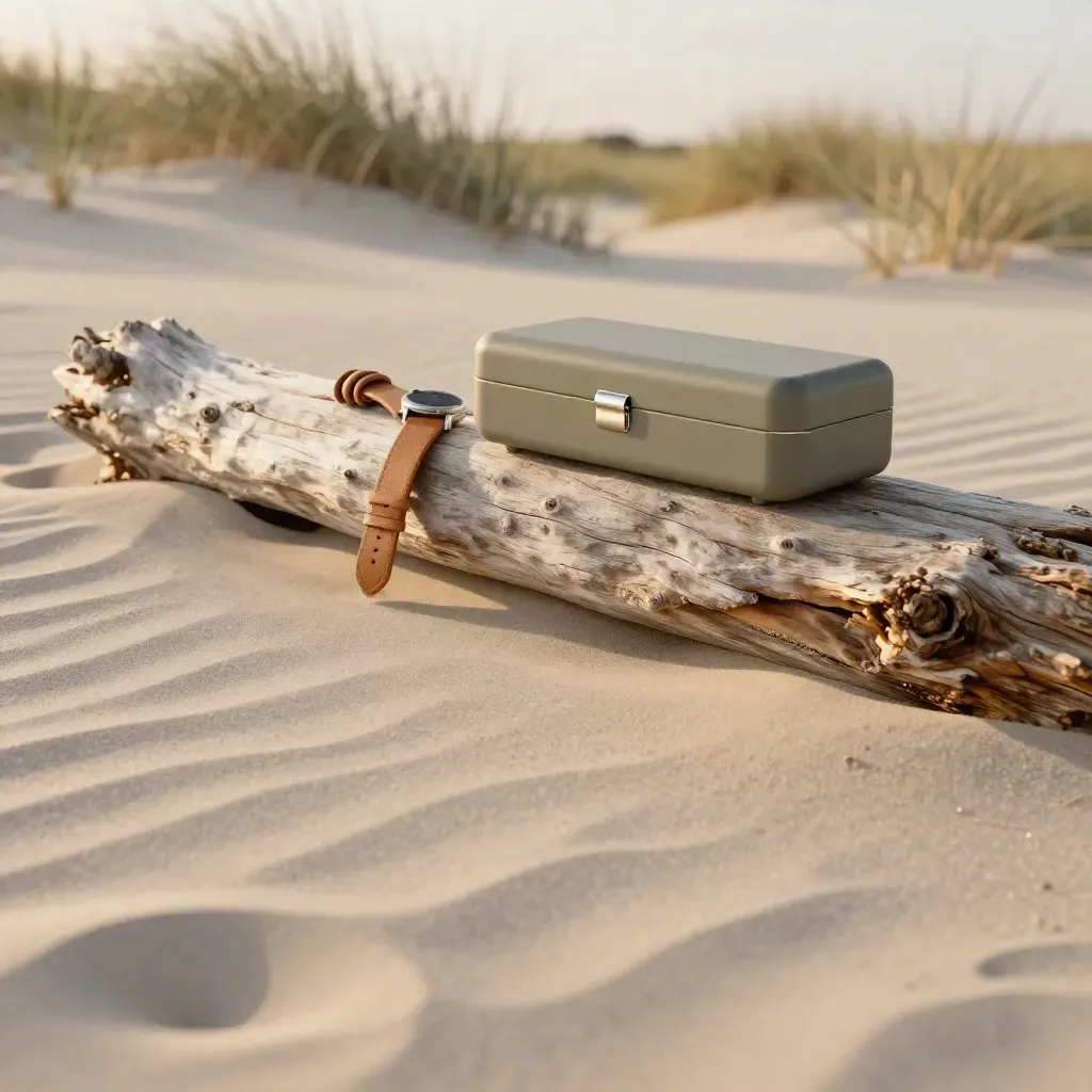 Weathered board in sand with a watch strap and box at golden hour