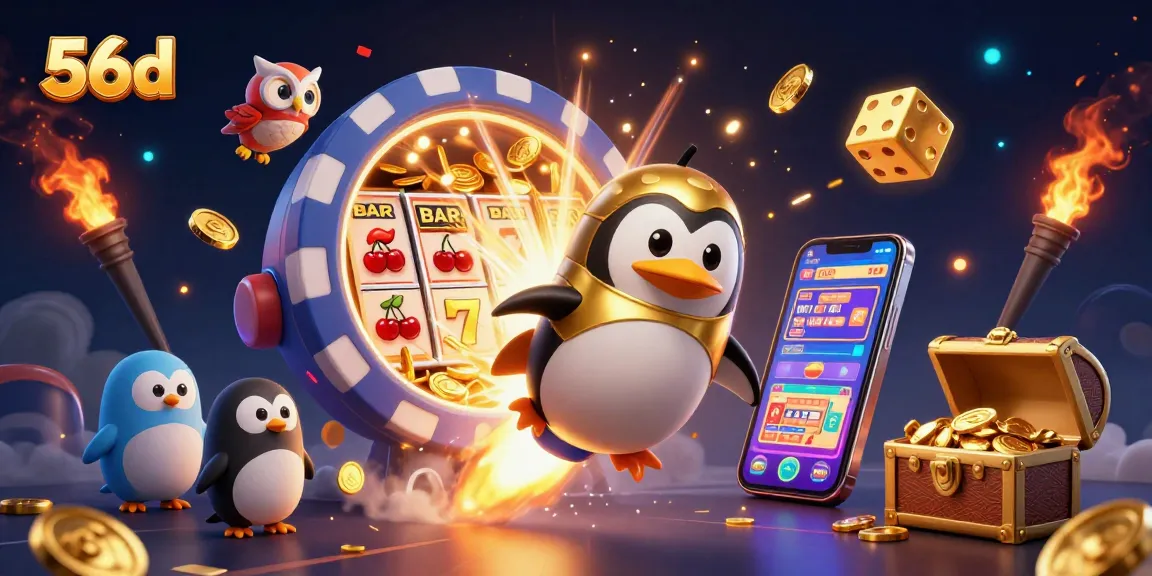 Engage in thrilling gaming action at 56d with a vibrant casino space adventure illustration, showcasing slots and jackpots.