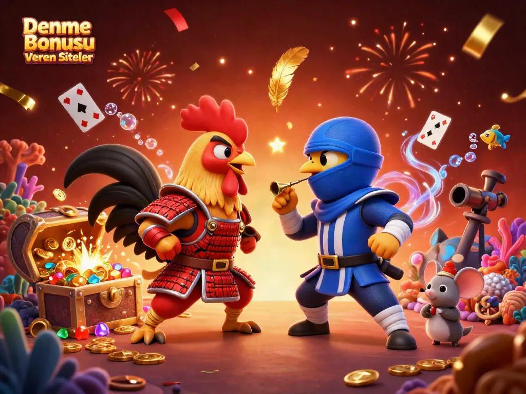 Engage with Deneme Bonusu Veren Siteler through a striking 3D illustration featuring battling roosters in a vibrant casino atmosphere.