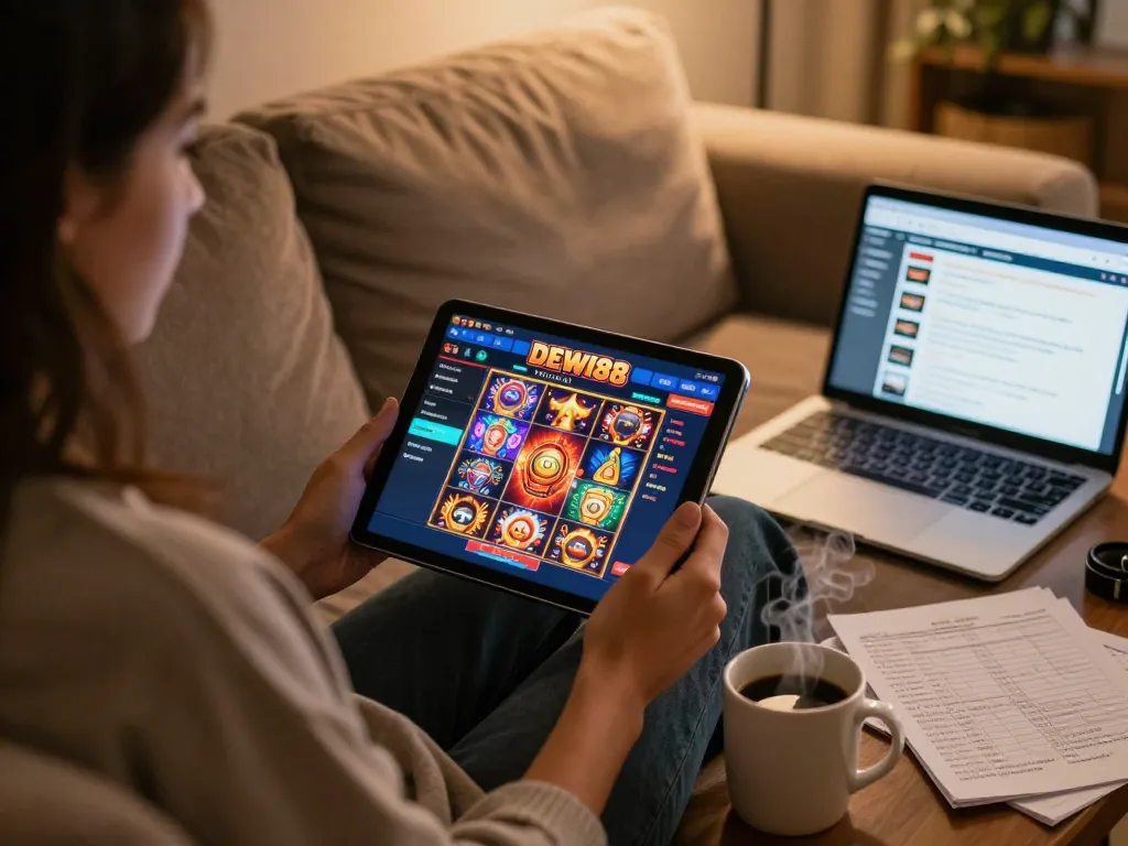 Pengguna yang terlibat menikmati slot online DEWI88 di tablet dalam suasana rumah yang nyaman.