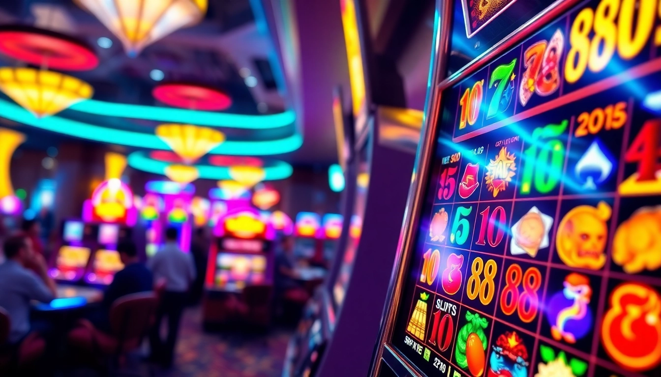Mesin slot88 yang berwarna-warni di kasino dengan lampu cerah menarik perhatian pemain.