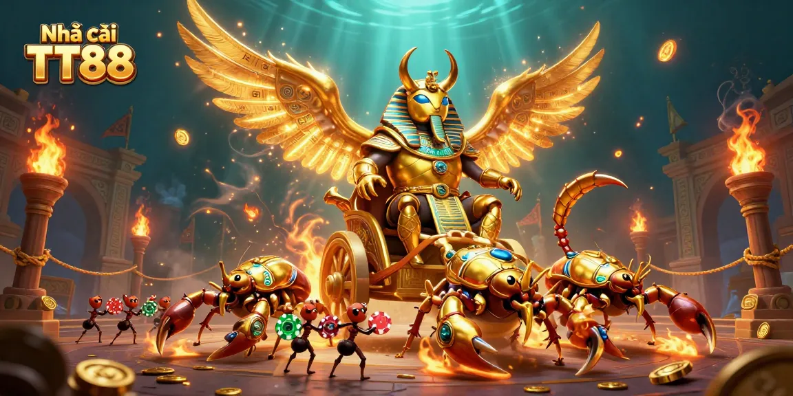 Engage with Nhà cái TT88's stunning 3D illustration featuring a golden scarab and scorpions amidst vibrant casino elements.