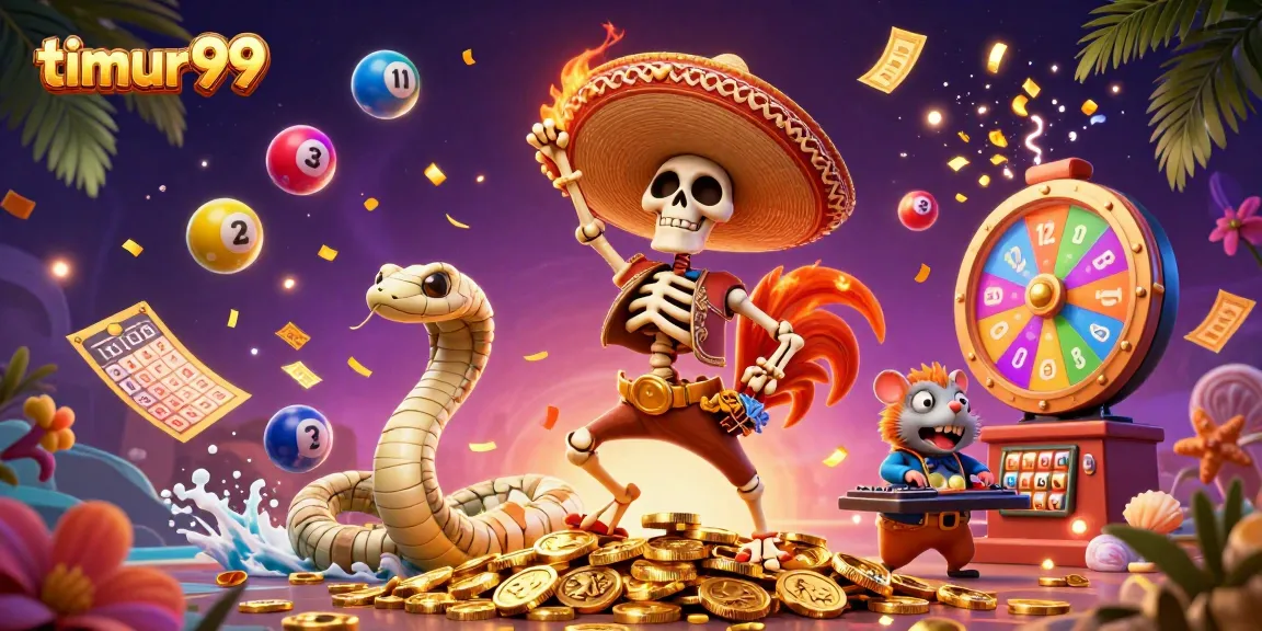Play exciting games at timur99 with a festive 3D illustration of a mariachi rooster, lottery elements, and vibrant winnings.