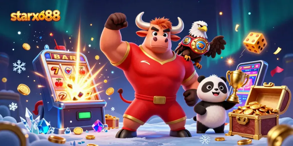 Win big with starxo88 in a vibrant casino scene featuring exciting characters and games.