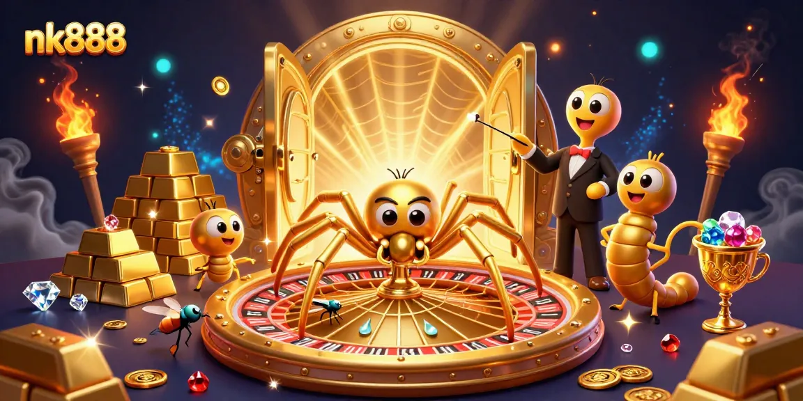 Experience nk888's vibrant casino scene with a golden spider, roulette web, and treasure effects.