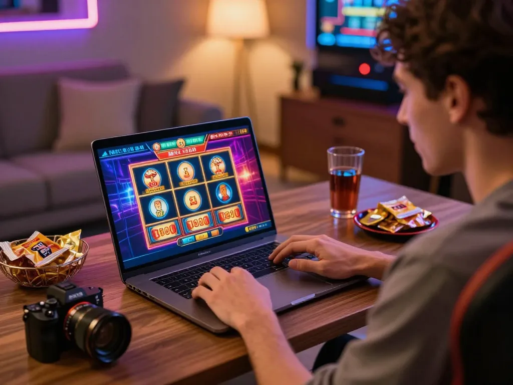 Engaged player exploring MM88 online casino games in a vibrant gaming room.