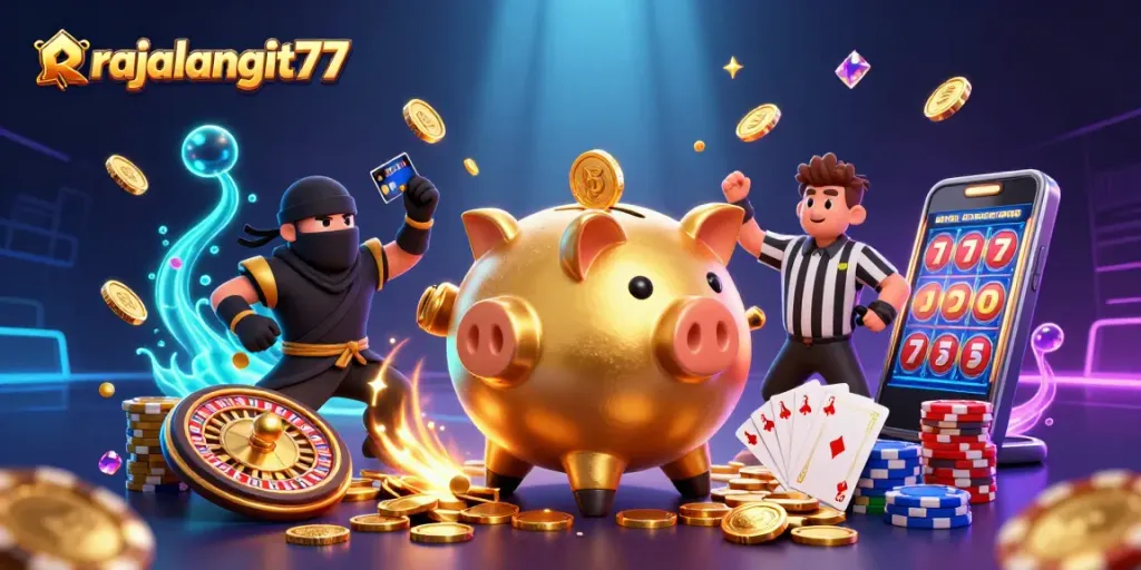 Mengguncang koin emas dengan rajalangit77, ilustrasi kasino yang menarik dan penuh aksi