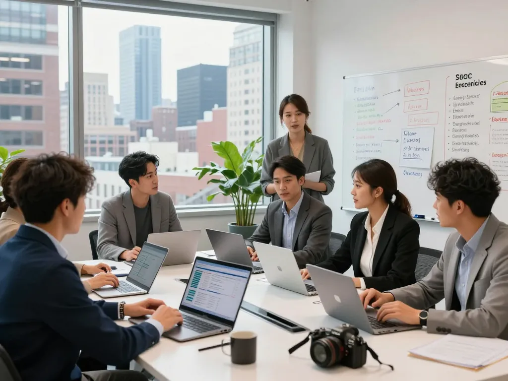 Team collaborating on New York SEO services strategy in modern office.