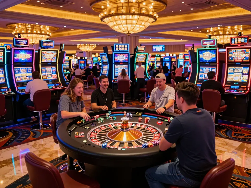 Players enjoying slots and roulette at 33win casino, vibrant lights and winning atmosphere