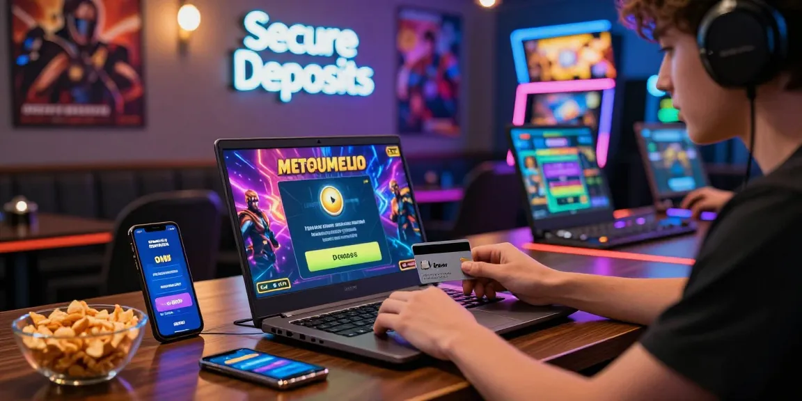 Spannende Paysafe Card Casino-Szene mit einem Gamer, der sicher auf einem Laptop einzahlt, farbenfrohe Visuals und Gaming-Snacks.