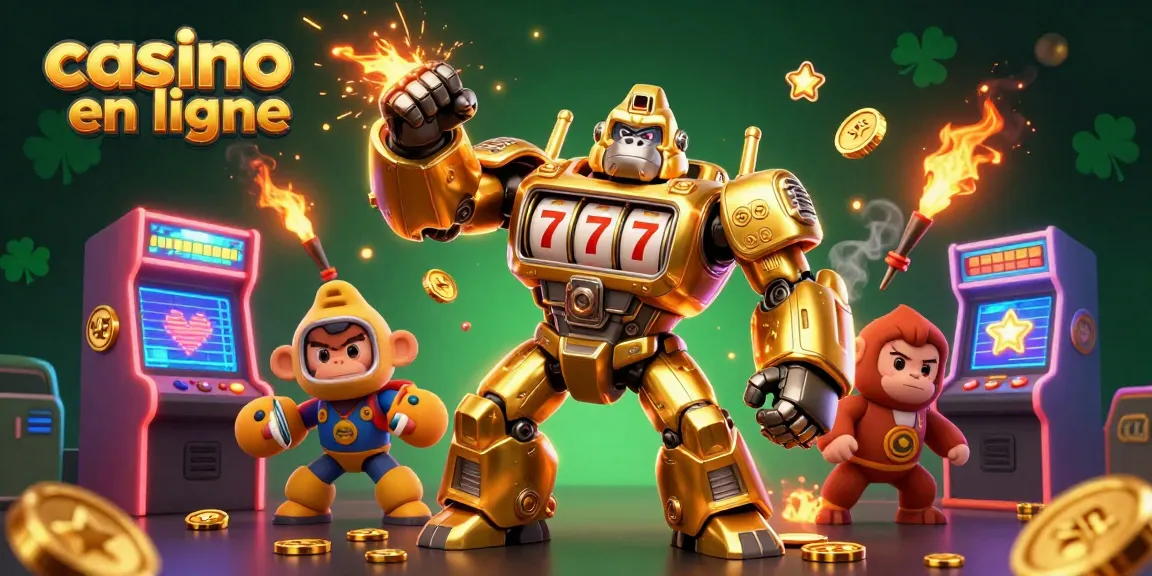 Jouez à des jeux de casino en ligne avec le mech gorille en or illustré dans une scène dynamique.