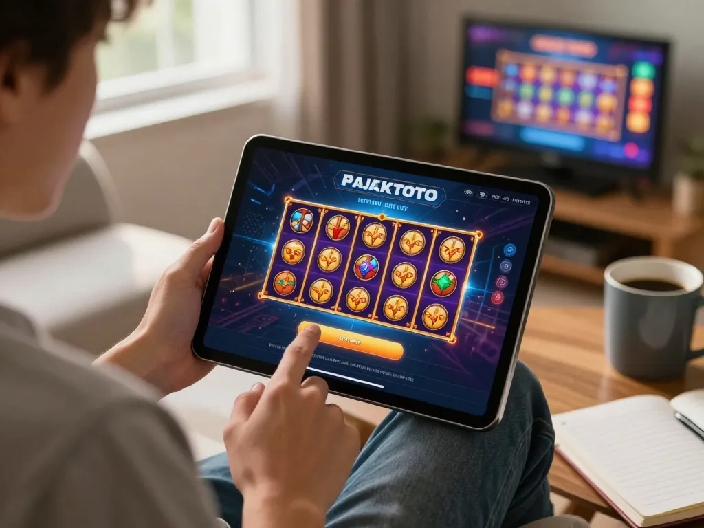 Engaging PAJAKTOTO login experience for online gaming displayed on tablet, showcasing vibrant slot game graphics.