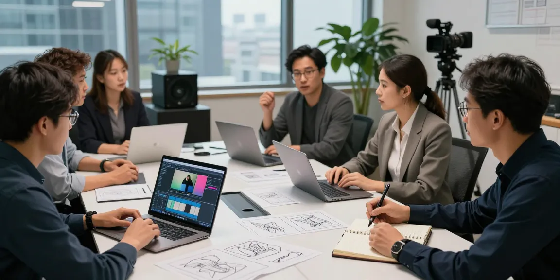 Corporate Video Production Company in Singapore team collaborating on creative ideas in a modern studio.
