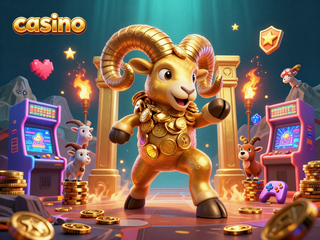 Engage with vibrant casino-themed 3D illustration featuring a golden ram amidst arcade game elements.