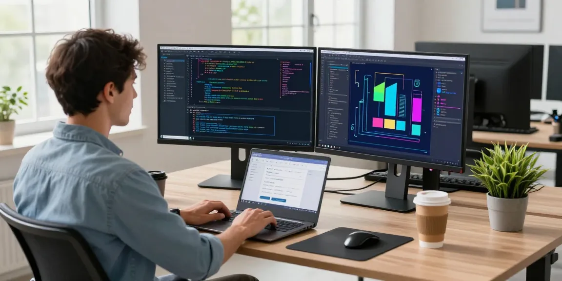 Developer at romulus.digital coding in a modern workspace with dual monitors and inspiring tech elements.