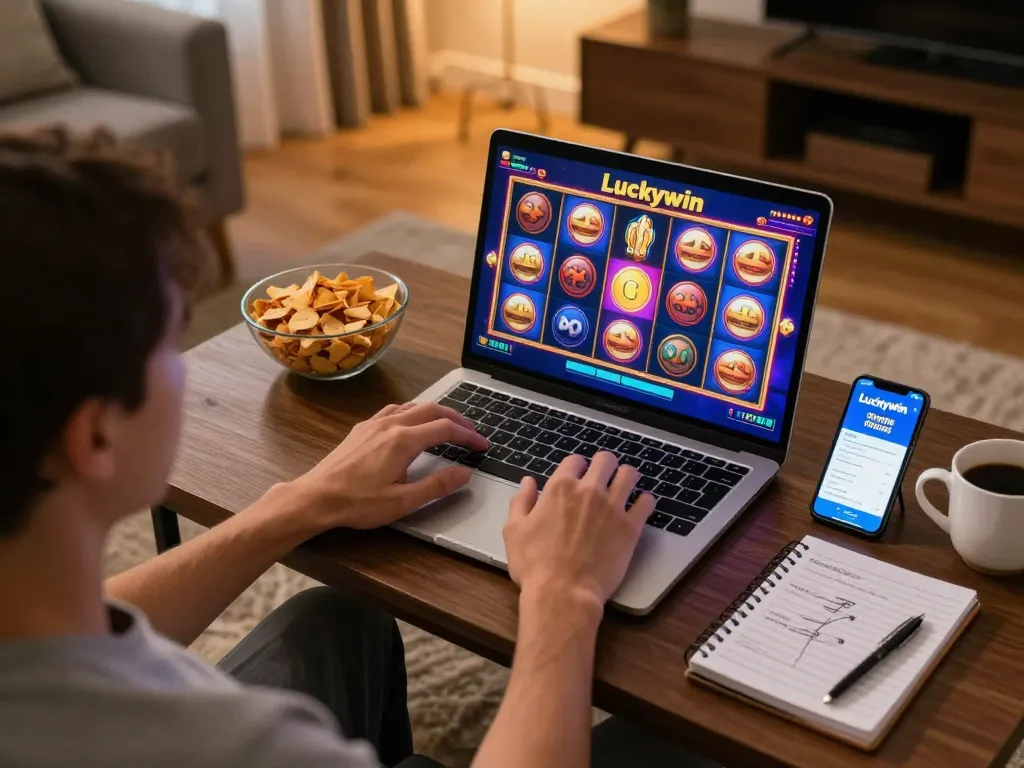 Buổi trò chuyện thú vị về Luckywin với giao diện slot đầy màu sắc và đồ ăn nhẹ trong không gian ấm cúng tại nhà