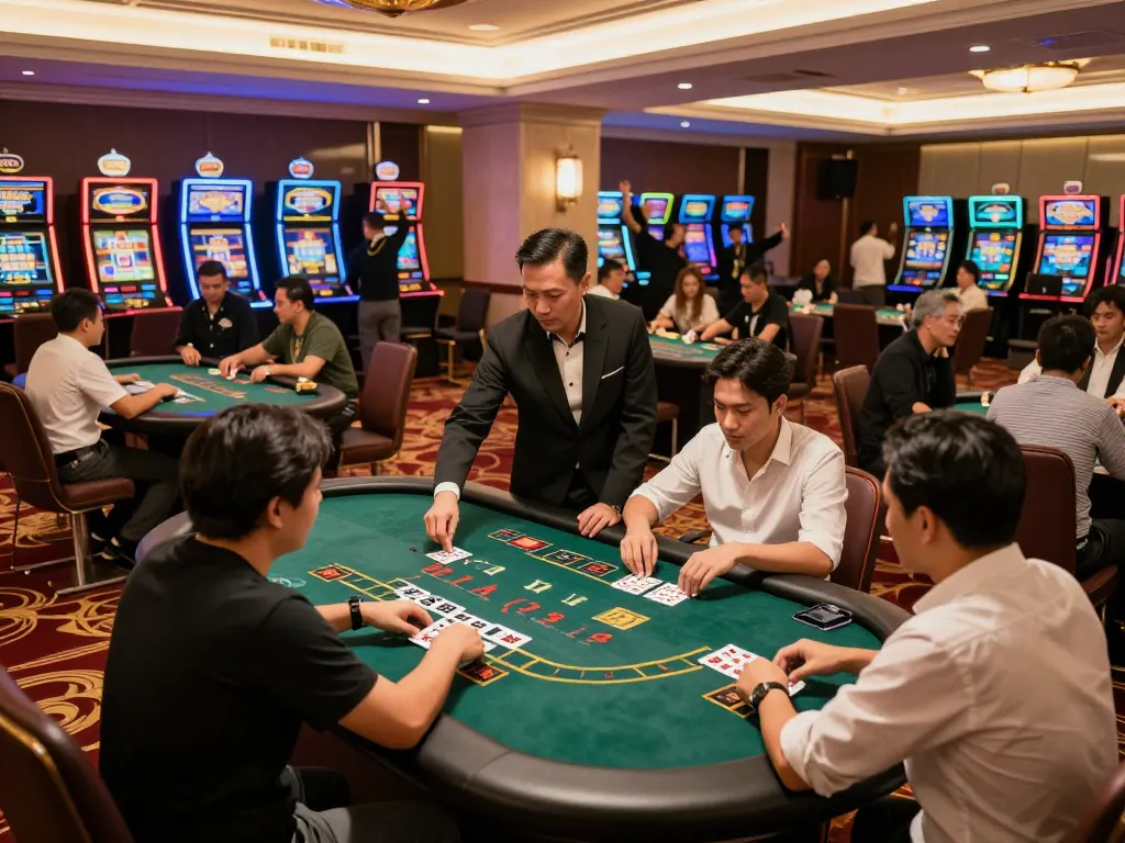 AX88 players enjoying a vibrant blackjack game at a luxurious casino, showcasing excitement and strategy.