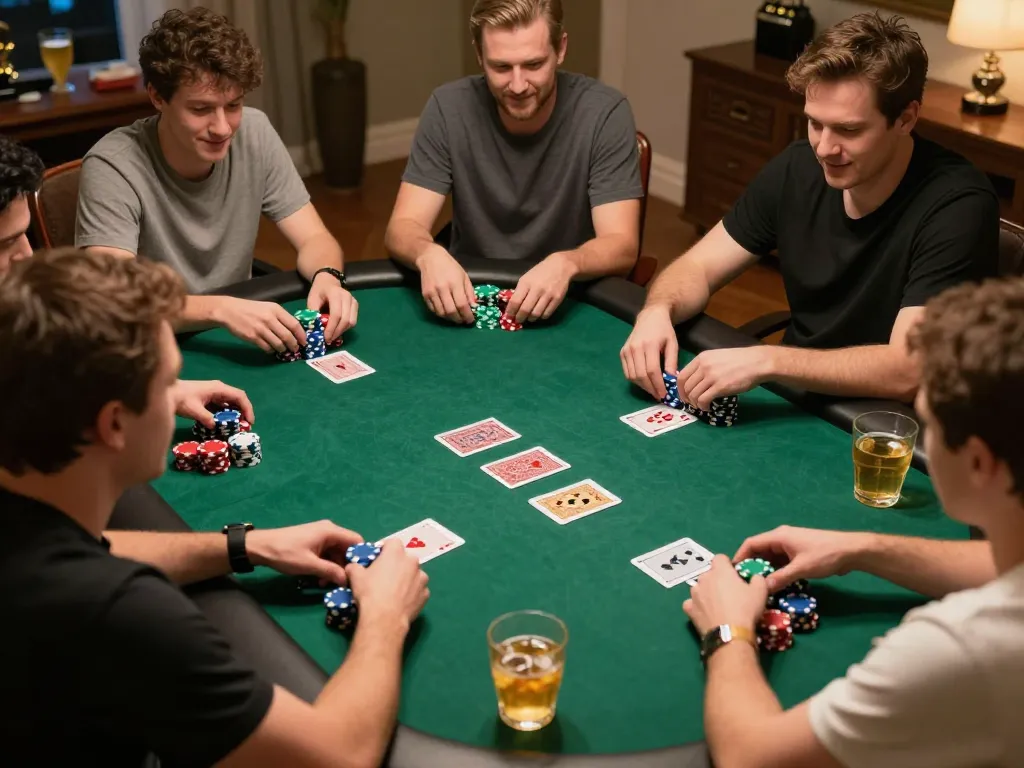 Players enjoying a home poker night with exciting cards and chips, showcasing 包网 action in a friendly setting.