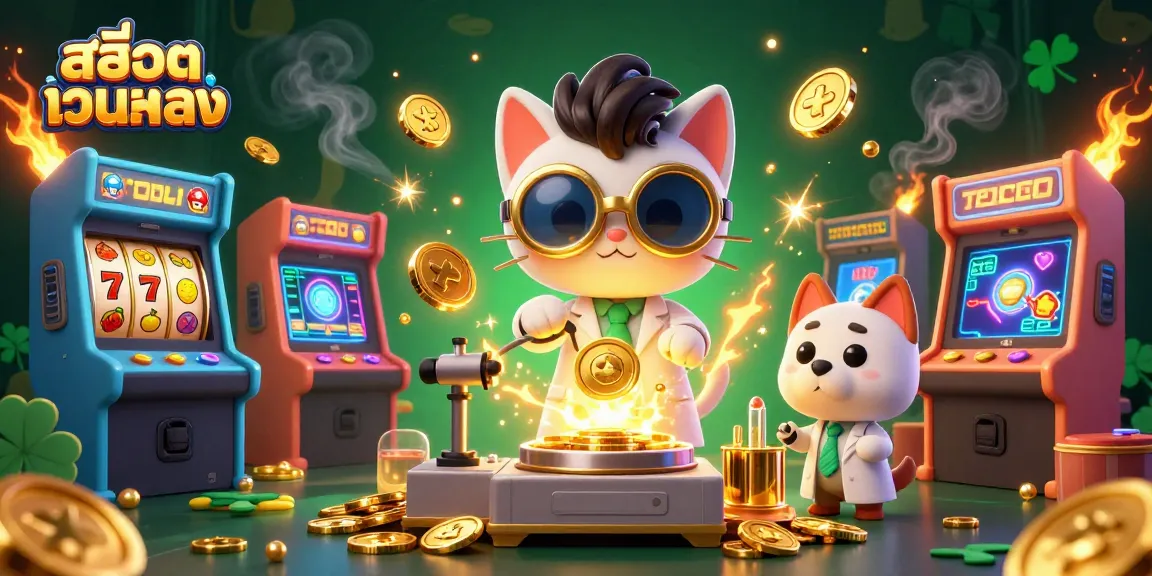 Spin the reels with สล็อตเว็บตรง in this vibrant 3D illustration of a casino lab scene.