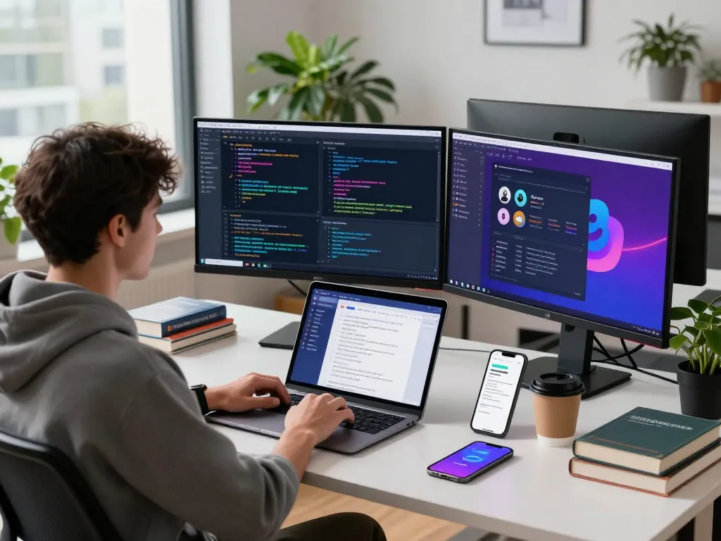 Workspace featuring clawdbot ai on multiple monitors with vibrant code, coffee, and plants in a modern office.