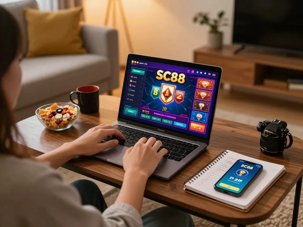 Person enjoying SC88 online casino gaming on laptop, showcasing interactive gameplay setup.